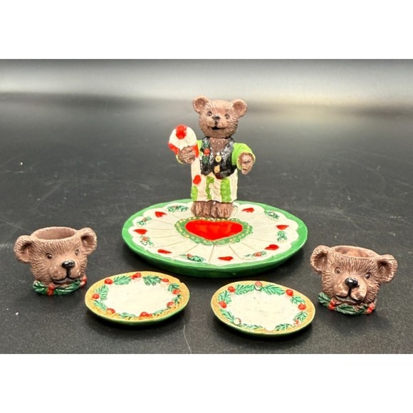 The Unbranded Brand Other - Christmas Bears Resin Miniature Tea Set - VTG
